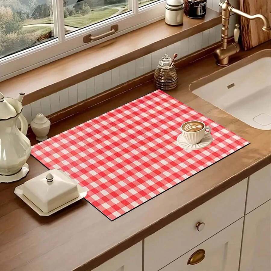 1pc Multi-Color Grid Pattern Printed Kitchen Counter Dish Drying Mat, Super Absorbent Hides Stains, Rubber Backed Multipurpose Dish Drying Pad For Coffee Maker, Dish Rack, Kitchen Counter, Coffee Pot - HL  544 - View 1