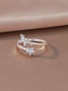 1pc Fashionable Silver Flower & Butterfly Open Ring, Niche Design Luxury Jewelry, Suitable For Date, Party, Work, And Daily Wear - Multicolor - View 3