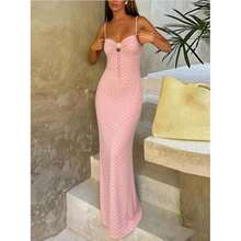 Vestido de satén con estampado de lunares de línea A elegante y romántico, adecuado para el Día de San Valentín, vacaciones en la playa, fiesta de verano, boda color rosa - Rosa - Ver 2