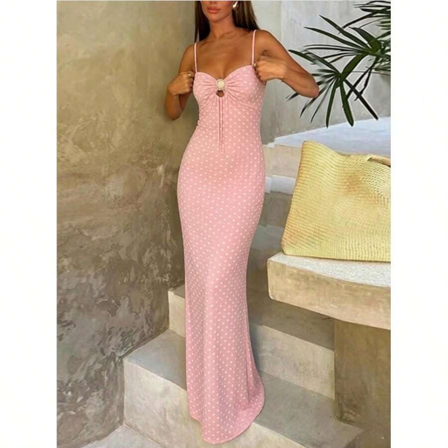 Vestido de satén con estampado de lunares de línea A elegante y romántico, adecuado para el Día de San Valentín, vacaciones en la playa, fiesta de verano, boda color rosa