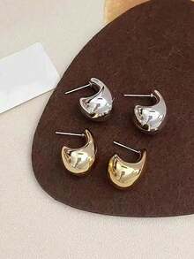 4pcs Metal Water Drop Curved Earrings Set, Gold & Silver Smooth Finish, Hypoallergenic Thick Design, Minimalist & Fashionable, Suitable For Various Outfits - Gold - View 4