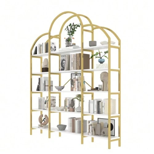Simple Style 170 X 26 X 190 Cm Shelving Unit, Made Of Steel Tube And MDF, With Five Shelves, Unique Cloud Shape, Easy To Assemble And Clean, Gold And White Color. - 金色 - 查看 1