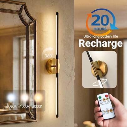 1 pieza Lámpara de pared LED recargable tipo C, longitud de 80 cm, negro + dorado, con control remoto y interruptor, regulable en 3 colores, función de temporizador, magnética/montaje en pared, adecuada para dormitorio, estudio, sala de estar y escalera, 4400mAh