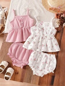 4pcs Baby Girl Floral Print Sleeveless Top + Ruffle Hem Shorts Soft Fabric Summer Infant Toddler Outfit - Multicolor - View 2