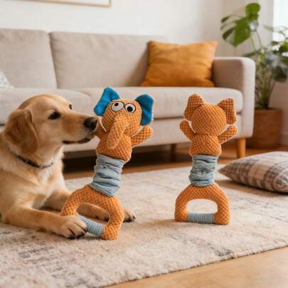 橙色毛绒大象吱吱叫玩偶，互动宠物玩偶，适合猫狗，能给小型犬猫带来娱乐