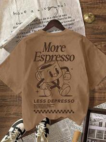Camiseta de manga corta de cuello redondo holgada con gráfico del Club de Café Espresso, casual de verano para mujer - Marrón - Ver 3