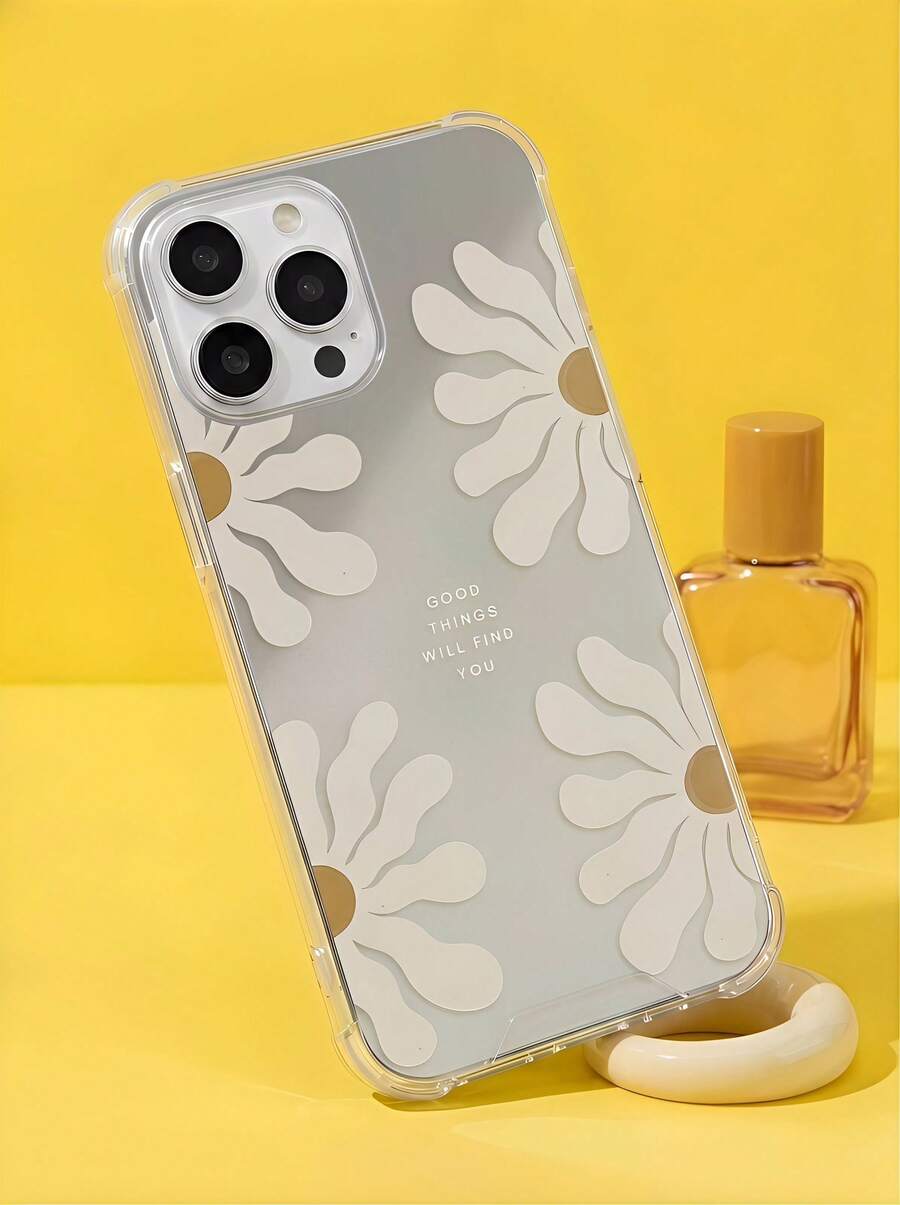 1pc Daisy Flower Slogan Pattern Full Coverage Mirror Shockproof Phone Case, Compatible With Iphone 16 Pro Max/16/16 Pro/16 Plus/15/15 Pro Max/15 Pro/11/12/13/14 Pro Max/11 Pro/11 Pro Max/12 Pro/12 Pro Max/13 Pro/13 Pro Max/14 Pro/14 Pro Max, Elegant - Multicolor - View 1