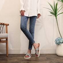 QEEDUOOF Spring/Summer Linen Criss-Cross Slippers, Triangular Geometric Design, Multiple Colors Available, Unisex Casual Wear - Black - View 6