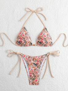 2pcs Leopard Print Bikini Set - Pink And Brown Triangle Swimwear With Jungle Floral Print Beach Wear For Women Vacation Summer - Multicolor - View 5