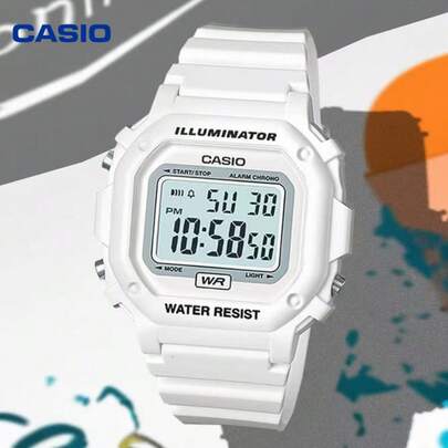  Đồng hồ Casio F-108WHC-7B mặt vuông màu trắng dành cho nữ, đồng hồ đeo tay kỹ thuật số phong cách retro với đèn LED, đồng hồ chống nước hàng ngày dành cho học sinh.