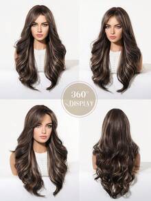 24英寸棕色波浪卷假发，带刘海，棕金色双色合成假发，适合女性日常派对佩戴，耐热 - 棕色 - 查看 7