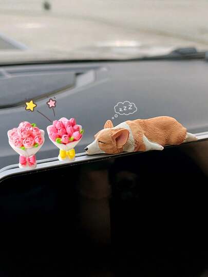 Bộ 2 bó hoa hình chó Corgi ngủ hoạt hình mới, đồ trang trí bảng điều khiển ô tô dễ thương.
