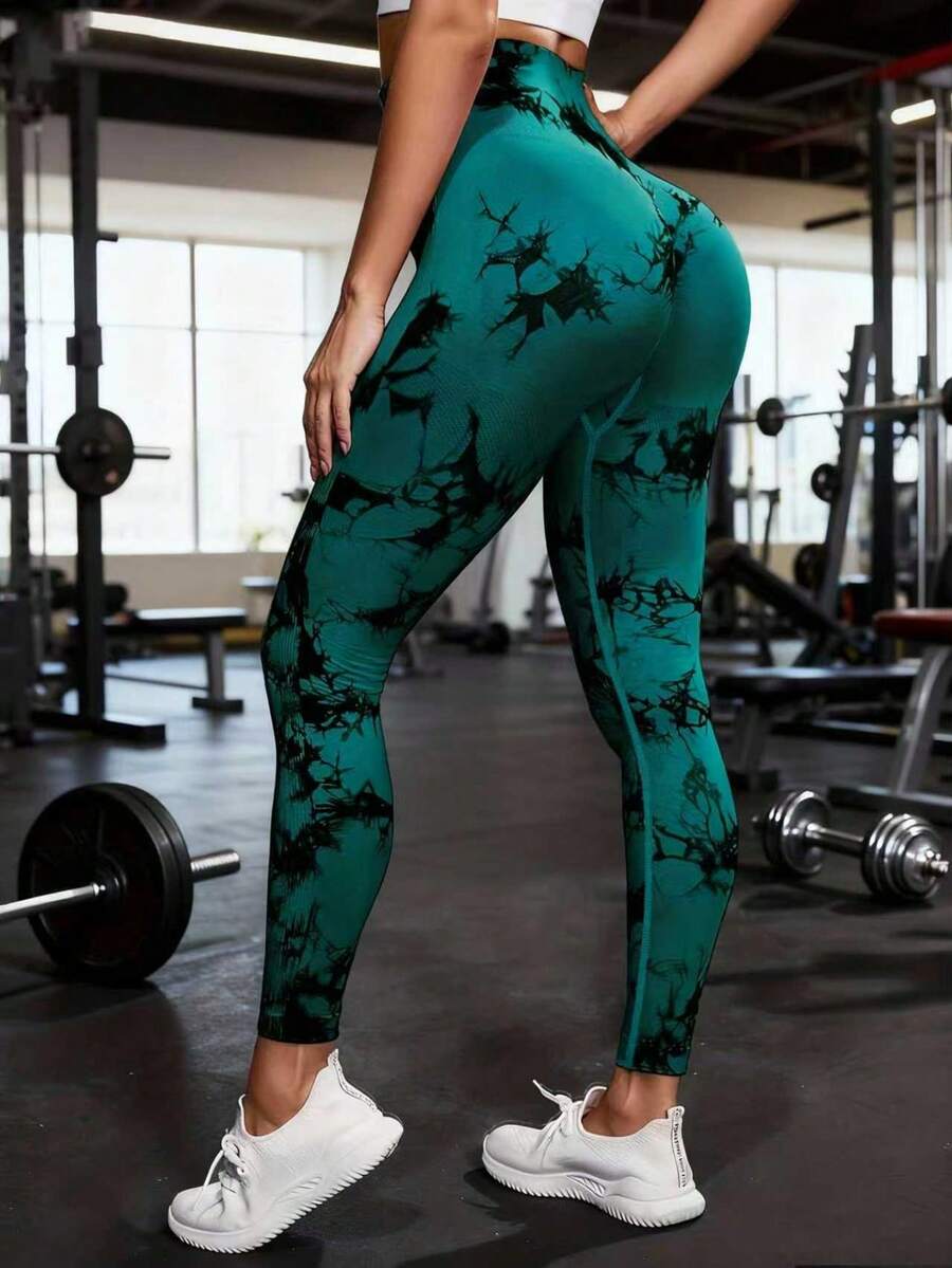 Leggings de compresión de cintura alta, ajustados, sin costuras y con diseño de línea sonriente para controlar la apariencia abdominal, para deportes de primavera - Verde - Ver 1