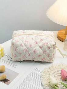 Cute Bow Make Up Bag Cute Bow Knot Pattern Toiletries Bag Travel Make Organizer Zipper Pouch, Quilted Cosmetics Bag, Stylish Foldable Commuter Makeup Bag For Brushes Aesthetic Cosmetic Bag For Gift, Friend, Girls, Student Quilted Floral Flower Zippered Makeup Bag Cute Floral Cosmetic Bag With Zipper Gift Storage Jewelry Organizer Box Bathroom Set Valentines Back To School Supplies - Pink - View 2