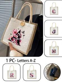 1个简约字母印花帆布手提袋，多功能便携教师手提包，女士礼物，毕业礼物，字母图案礼品袋，大容量印花女士手提包，可重复使用购物袋，适合日常使用、度假、通勤、旅行 - 彩色 - 查看 1