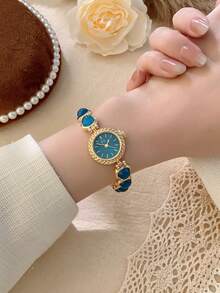 1pc Women's Gold Alloy Asymmetrical Bracelet Watch, Fashion Arabic Numeral Dial, Quartz Movement, Adjustable Strap, Suitable For Daily Decoration And Holiday Gifts - Màu xanh lam - Xem 8