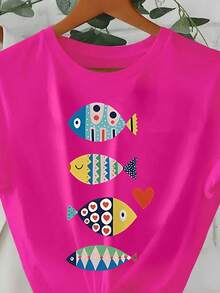 Plus Size Colorful Fish Print Round Neck Short Sleeve T-Shirt High Elasticity Fabric Casual Summer - Hot Pink - View 3