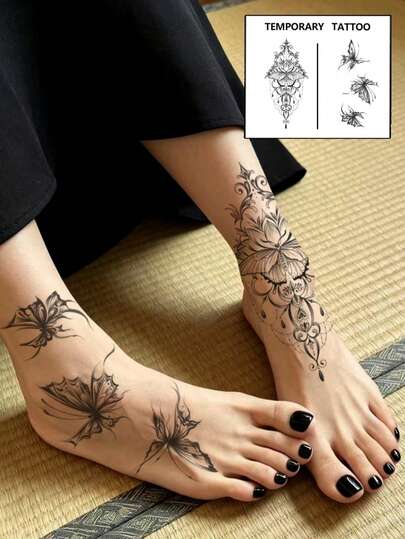 2pcs Fashionable Cool Temporary Tattoo Stickers, Couple Tattoos, Black Fake Tattoos, One-Time Use Tattoos, Butterfly, Pendant, Animal, Chain, Leaf, Flower Patterns, Waterproof, Non-Reflective, Easy To Apply And Remove, Highly Realistic, Suitable For Men Or Women On Chest, Leg, Arm, Waist, Abdomen, Foot, Music Festival Party Supplies