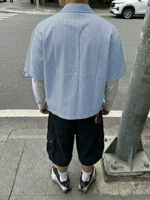男士黑白条纹赛车风格字母印花复古美式街头短袖衬衫，适合夏季日常穿着 - 淺藍色 - 查看 5