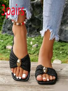New Summer French Style Square Toe Slides For Women, Fashionable Fairy Style Flat Sandals, Versatile Outdoor Wear Slippers, Lightweight Comfortable Open Toe Slip-On Slides Perfect For Beach - Multiple Styles - View 9