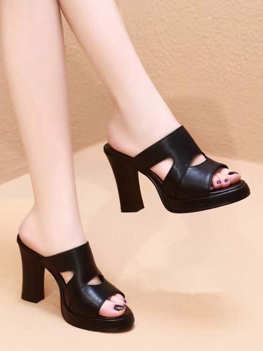 Women's Summer Fashion Black Solid Color High Heel Sandals, Outdoor Casual Slip-On Slippers, Sweet Mother Shoes - Black - View 1