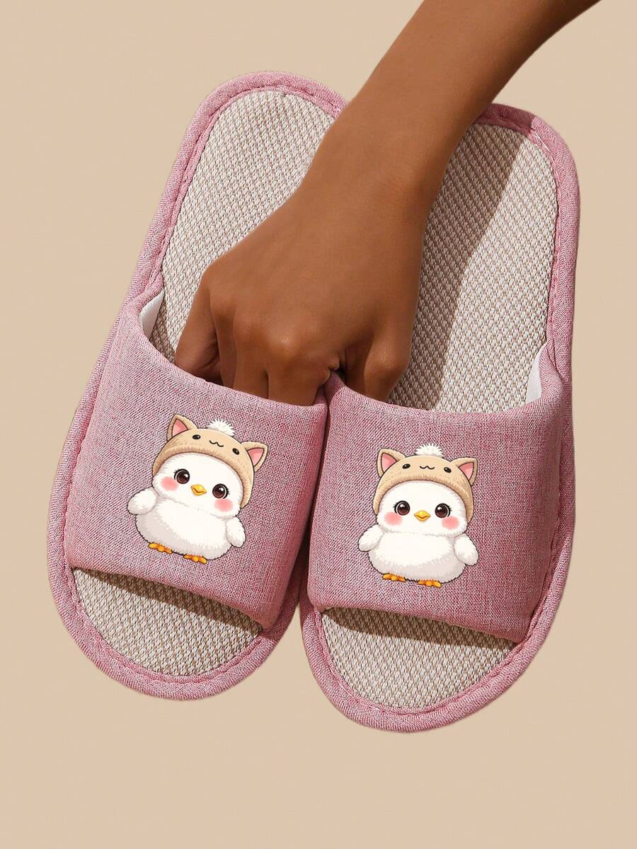 New Animal Open-Toe Linen Slippers, Spring/Autumn Household Slippers, Solid Color Cute Fabric Slippers, Non-Slip Breathable Unisex Slippers - Pink - View 1