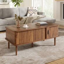 Modern Retro Coffee Table, Adjustable Tabletop Height, Sliding Door, Walnut Grain, Vertical Groove, Wooden Legs, Multifunctional Living Room Table - Brown - View 9