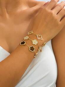 3pcs Luxurious High-End Clover Rhinestone Decor Bracelet Set, Brown & Gold, Elegant & Sweet Women Bracelet Set, Stackable/Versatile - 多色-1 - 查看 3