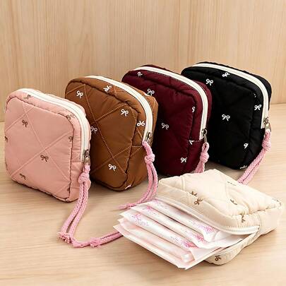 1个绗缝蝴蝶结装饰卫生巾收纳袋，便携多功能旅行洗漱包，口红化妆品收纳袋，适合日常通勤、学校、校园、旅行、居家办公使用，女性青少年女孩礼物，生理期必备旅行用品