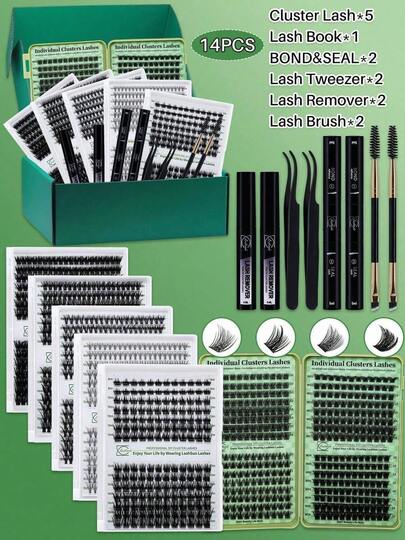Lashsun 1672 Clusters D Curl High Capacity Lashes Kit, 5 Trays Lash Clusters And 1 Cluster Lashes Book Multiple Styles Mixed Length Eyelash Set Comes With 2 Lash&Seal 2 Lash Removers 2 Tweezers 2 Lash Brush Use At Home, Beginner Friendly