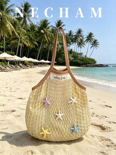 1pc Summer New Fashionable Solid Color Hollow Out Shoulder Bag, Large Capacity Casual Versatile Tote Bag (Without Starfish Pendant)