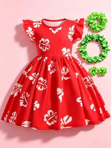 Vestido de estilo hawaiano para niñas en verano, con estampado de hojas blancas - Incluye set de corona de flores hawaianas, disfraz de Halloween y Navidad, falda hula - Rojo - Ver 2