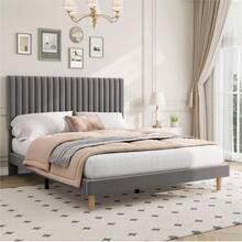 Techigher Bed Frame, Velvet Upholstered Platform Bed With Adjustable Headboard, Vertical Channel Tufted, Sturdy Wooden Slats, Silent Design, Easy Assembly - Light Grey - View 3