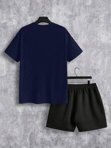 Men'S New York Casual Short Sleeve Black With White Lettering Casual Style| Comfortable Fit, PLUS SIZE  Men's Casual Outfit, Cotton Sportswear Set - 海軍藍 - 查看 2
