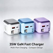 1个35W可折叠USB-C充电器，支持PD快充，可壁挂式设计，配备可伸缩Type-C线缆和双端口，便携设计，兼容 17 Pro Max/17 Pro/17/Air/16/15、Pixel设备 - 美規A型插(110-127V) - 查看 1