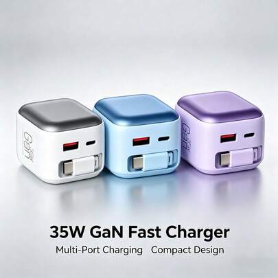 1个35W可折叠USB-C充电器，支持PD快充，可壁挂式设计，配备可伸缩Type-C线缆和双端口，便携设计，兼容 17 Pro Max/17 Pro/17/Air/16/15、Pixel设备