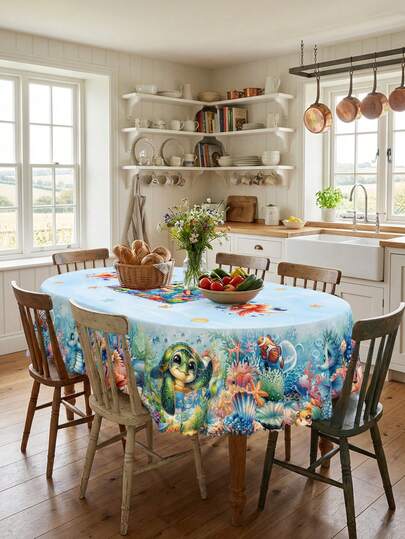 1 pieza - Mantel con diseño de tortuga marina submarina, cubierta de mesa impermeable y resistente a las manchas de poliéster con estampado de peces tropicales, estrellas de mar y coral, con borde festoneado, para fiestas con tema oceánico, patio de verano, hogar costero, barbacoa al aire libre y decoración interior y exterior