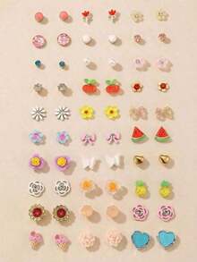30pcs/Set Minimalist Bow, Flower, Pearl & Metal Cute Sweet Style Earrings Set For Girls - 多色 2 - 查看 7
