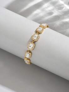 1件装女士不锈钢方形全水晶手链，18K镀金，时尚饰品 - 金色 - 查看 4