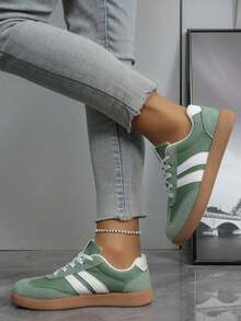 Sneakers For Women Fashion Tennis Shoes Casual Athletic Solid Color Low Top Lace Up Plain Toe Fabric Inner PVC Sole For Outdoor Walking Office Travel Spring Fall - 綠色999 - 查看 2