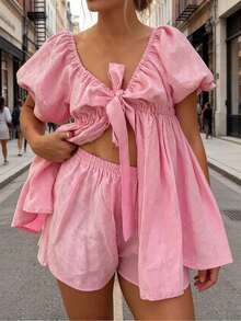 Women's 2 Piece Tie Front Puff Sleeve Cutout Loungewear Set Flowy Crop Top And Shorts Summer Beach Outfit - Hồng - Xem 5