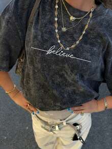 夏季新款休闲圆领扎染字母印花短袖T恤，时尚百搭女式上衣 - 黑色 - 查看 1