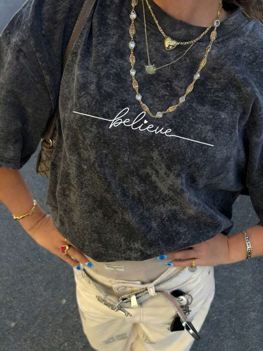 夏季新款休闲圆领扎染字母印花短袖T恤，时尚百搭女式上衣 - 黑色 - 查看 1