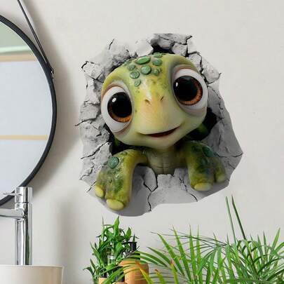 1pc A Joyful Cartoon-Style Sea Turtle Emerging From A Broken Wall. Stickers For Walls, Toilet Lids, Covers, And Bathroom Decor, Humorous Toilet Stickers, Home Decoration For Bathrooms, And Wall Decals