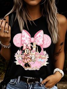 Disney 1 chiếc áo tank top nữ in hình chuột Minnie hoạt hình, cổ tròn, co giãn, phù hợp mặc hàng ngày, chất liệu dễ giặt ủi, áo tank top thời trang thường ngày dành cho nữ. - màu đen - Xem 3