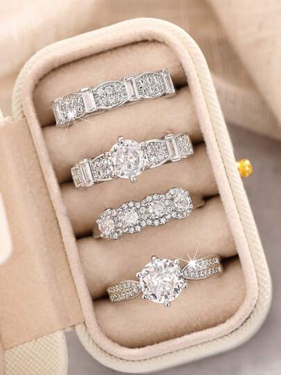 Bộ 4 chiếc nhẫn đá Cubic Zirconia thanh lịch kèm hộp quà, phù hợp cho nữ, thích hợp làm quà cưới, quà đính hôn, quà kỷ niệm, quà tặng ngày Valentine và nhiều dịp khác.