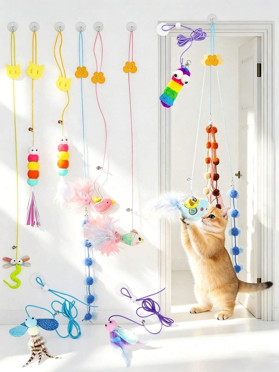 1 buah Mainan Kucing dengan Lonceng dan Tali Gigit - Tongkat Penggoda Interaktif, Mainan Kucing Gantung dan Ayunan Pintu, Aksesori Kucing Mainan Kucing Tali Elastis, Mainan Kucing Ayunan Hiburan Mandiri Interaktif