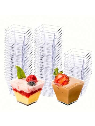 50pcs Reusable Trapezoid Mini Cups, Mousse Cups, Pudding Cups, Dessert Cups, Suitable For Appetizers And Desserts, Pudding Mousse Cups, Suitable For Various Occasions, Weddings, Handwashing, Party Cup Holder Decor, Durable Cup Material, Mini Cup Rack