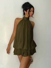 Vestido mini elegante de mujer con cuello halter y lazo en color amarillo claro - Verde militar - Ver 7