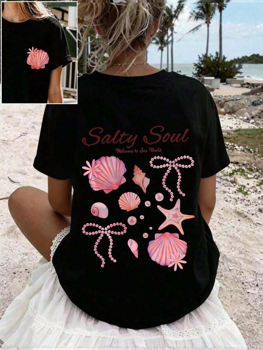 New Spring/Summer 2026 Women's Summer T-Shirt, Round Neck, Print With Shells, Stars And Letters, Short Sleeve, Casual Style For Beach Holidays, Top With Double-Sided Print, Pink. - Black - View 1